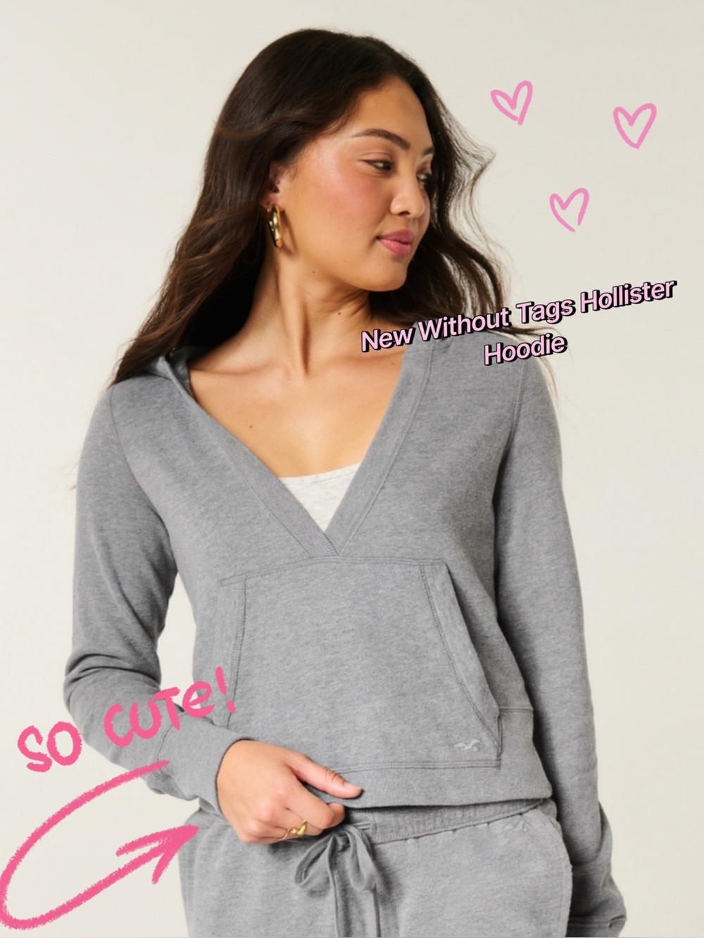 NWOT Hollister Gray V-Neck Hoodie Pullover Top